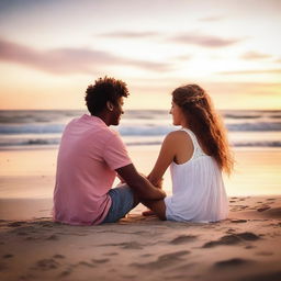 A cute teenage couple sitting on the sand at a beach during sunset