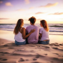 A cute teenage couple sitting on the sand at a beach during sunset