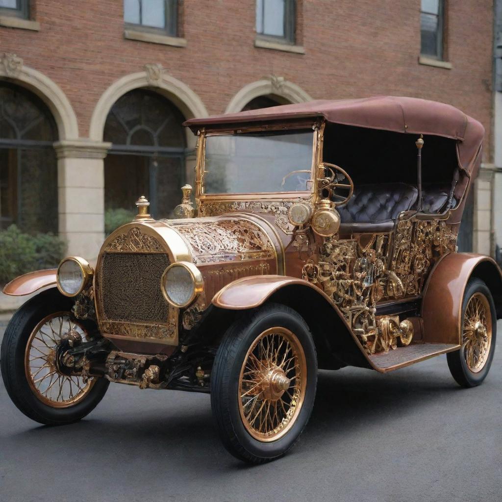 A 2000s-era car designed in an intricate steampunk style, featuring rich brass and copper accents, Victorian era decorations, and external mechanical gears