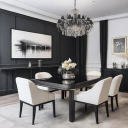 Create a dining room of 3x4 meters with a rectangular modern black table and six French chairs made with light wood and white leather