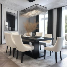 Create a dining room of 3x4 meters with a rectangular modern black table and six French chairs made with light wood and white leather