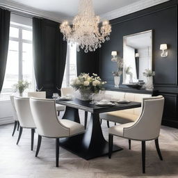 Create a dining room of 3x4 meters with a rectangular modern black table and six French chairs made with light wood and white leather