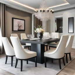 Create a dining room of 3x4 meters with a rectangular modern black table and six French chairs made with light wood and white leather