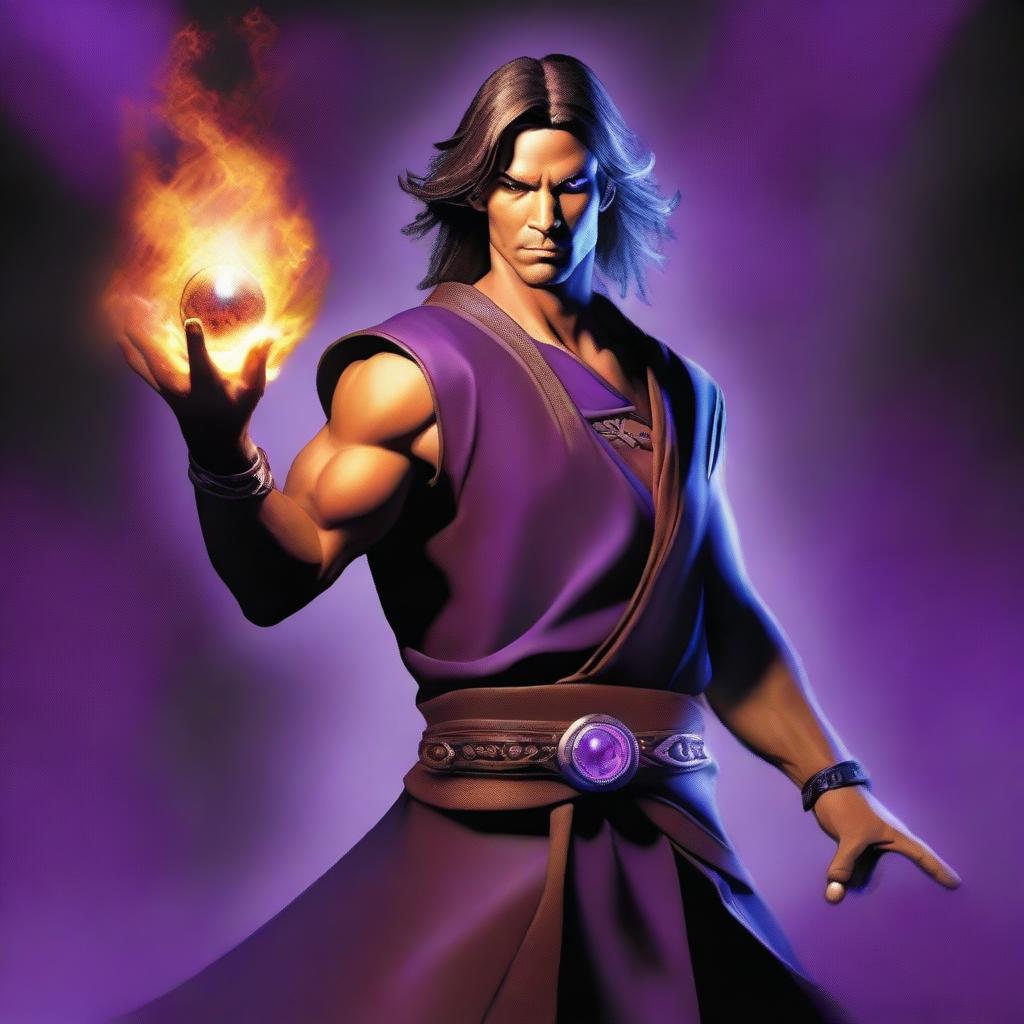 A powerful sorcerer wearing a brown sleeveless tunic, a black leather forehead band, and a black leather belt