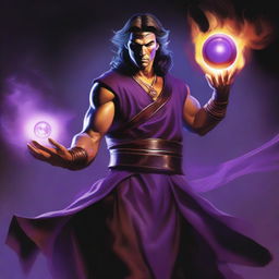 A powerful sorcerer wearing a brown sleeveless tunic, a black leather forehead band, and a black leather belt