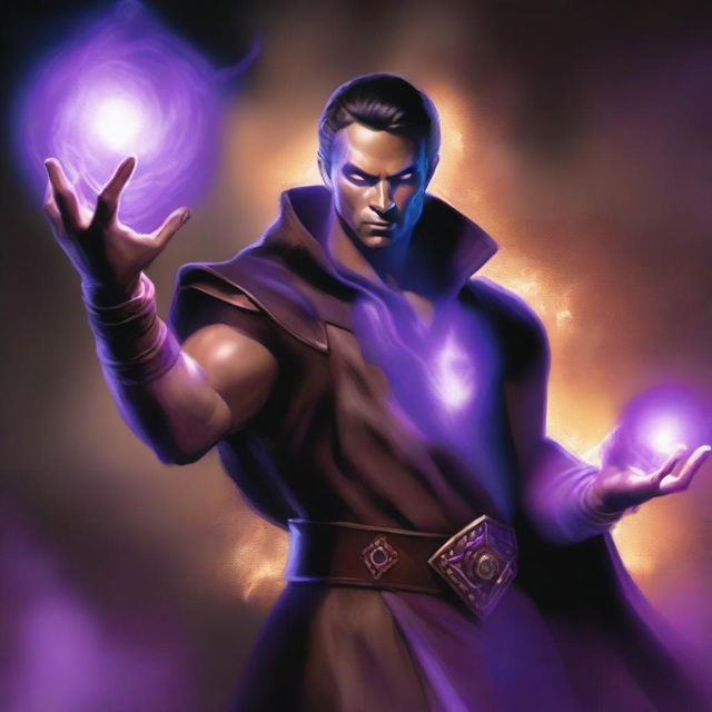 A powerful sorcerer wearing a brown sleeveless tunic, a black leather forehead band, and a black leather belt