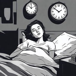 A person lying in bed with wide-open eyes, surrounded by a dark room with a clock showing 3 AM