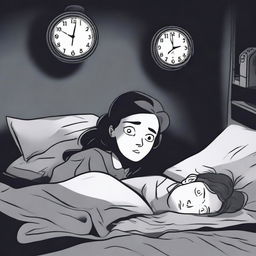 A person lying in bed with wide-open eyes, surrounded by a dark room with a clock showing 3 AM