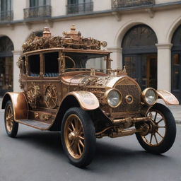 A 2000s-era car designed in an intricate steampunk style, featuring rich brass and copper accents, Victorian era decorations, and external mechanical gears