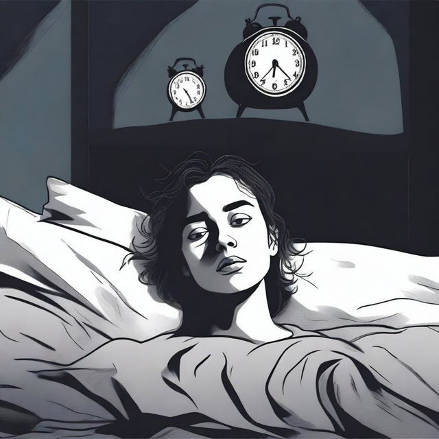 A person lying in bed with wide-open eyes, surrounded by a dark room with a clock showing 3 AM