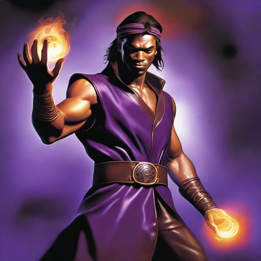 A powerful sorcerer wearing a brown sleeveless tunic, a black leather headband, and a black leather belt