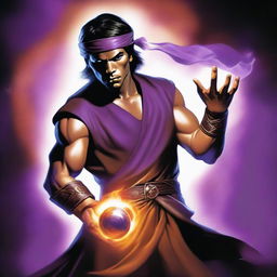 A powerful sorcerer wearing a brown sleeveless tunic, a black leather headband, and a black leather belt