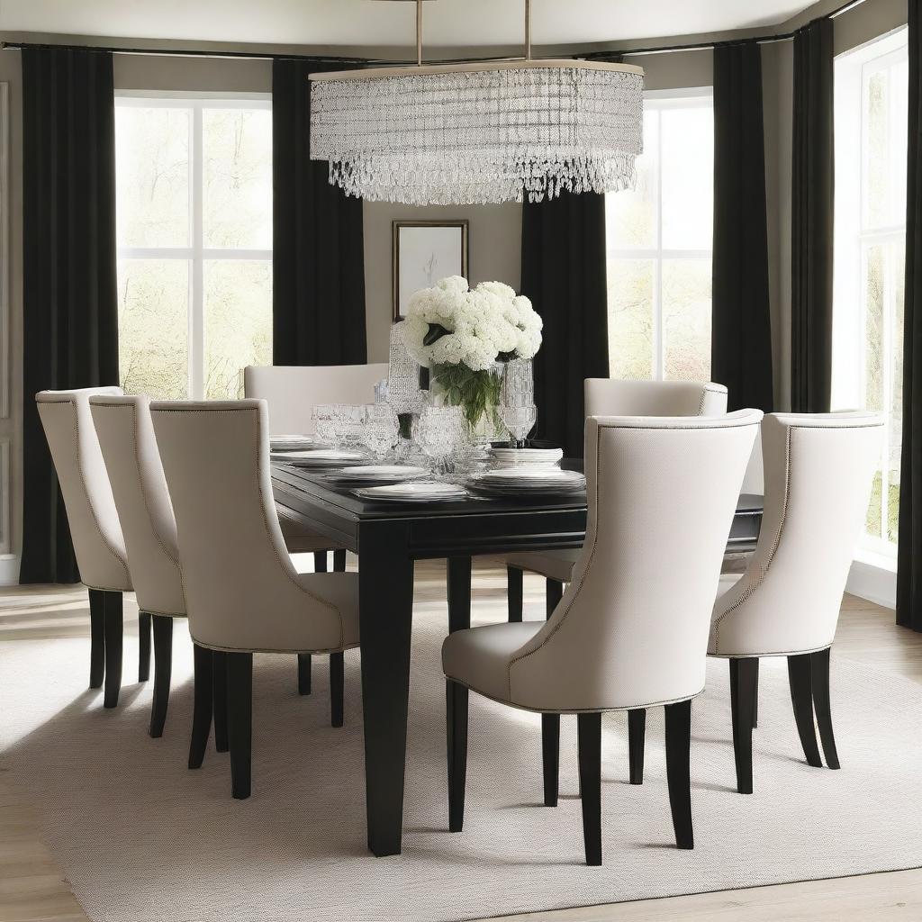 Create a dining room with French light wood chairs arranged around a modern rectangular black table