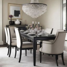 Create a dining room with French light wood chairs arranged around a modern rectangular black table