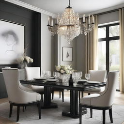 Create a dining room with French light wood chairs arranged around a modern rectangular black table