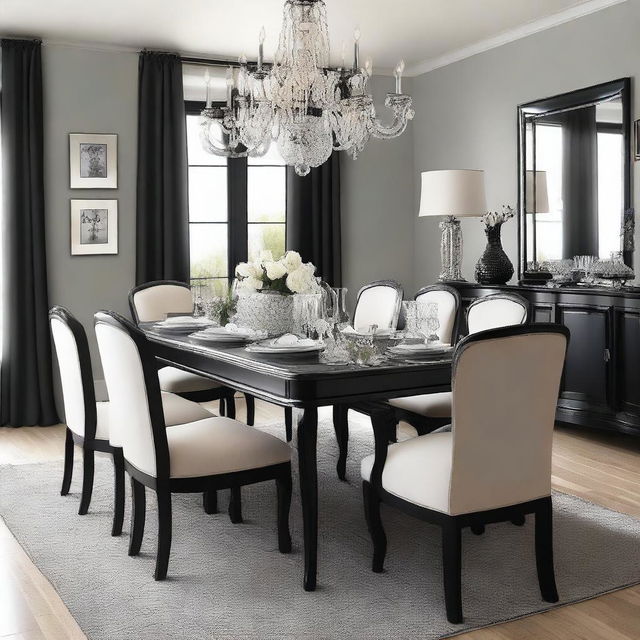 Create a dining room with French light wood chairs arranged around a modern rectangular black table