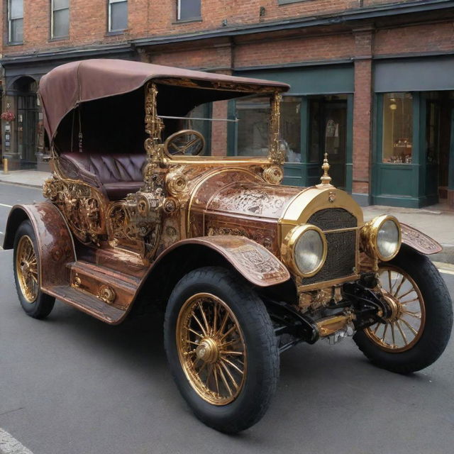 A 2000s-era car designed in an intricate steampunk style, featuring rich brass and copper accents, Victorian era decorations, and external mechanical gears