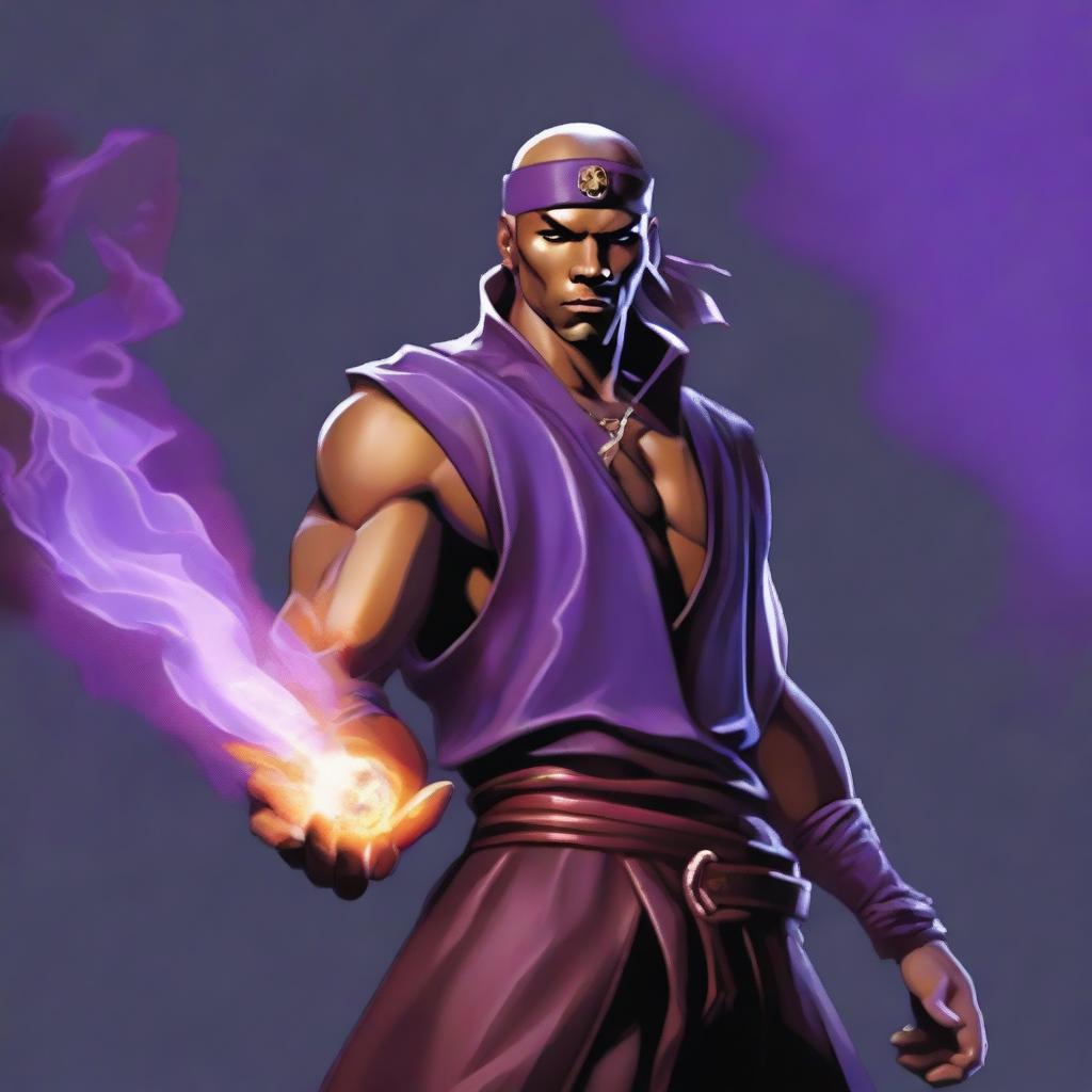 A clear-skinned sorcerer wearing a brown sleeveless tunic, a black leather headband, and a black leather belt