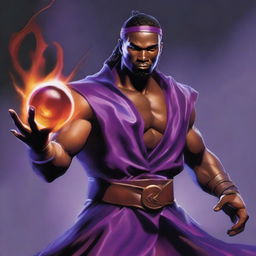 A clear-skinned sorcerer wearing a brown sleeveless tunic, a black leather headband, and a black leather belt