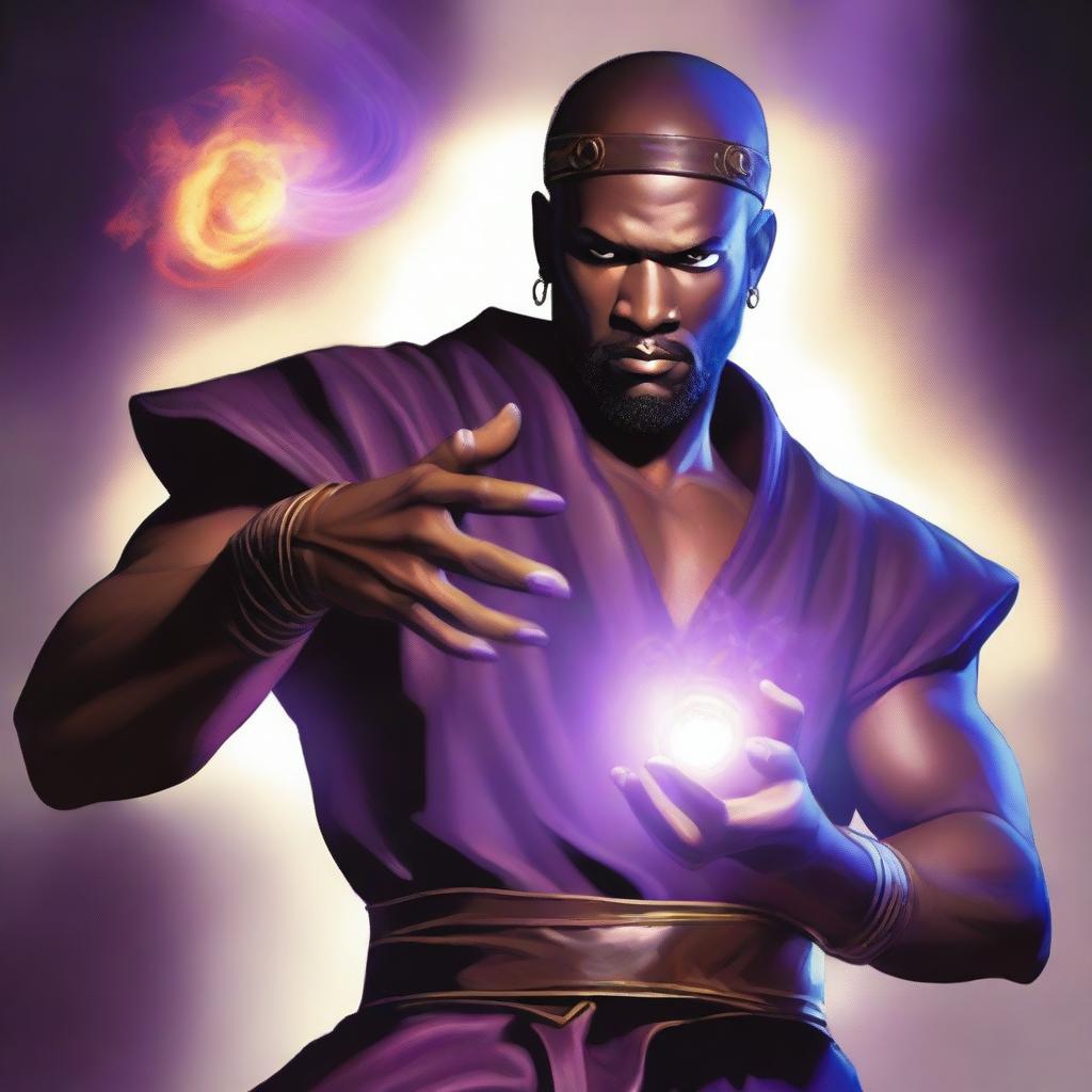 A clear-skinned sorcerer wearing a brown sleeveless tunic, a black leather headband, and a black leather belt