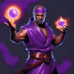 A clear-skinned sorcerer wearing a brown sleeveless tunic, a black leather headband, and a black leather belt