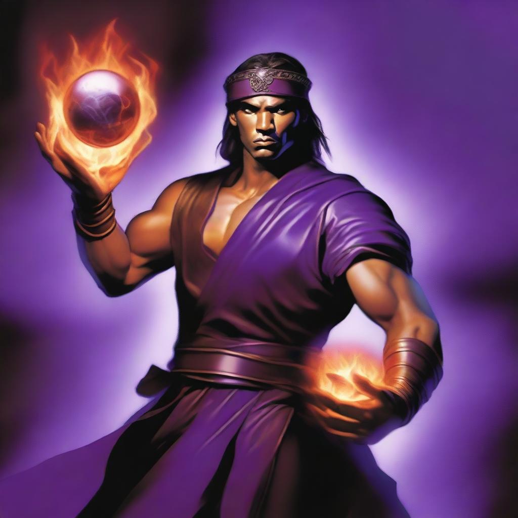 A clear-skinned sorcerer wearing a brown sleeveless tunic, a black leather headband, and a black leather belt