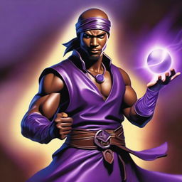 A clear-skinned sorcerer wearing a brown sleeveless tunic, a black leather headband, and a black leather belt