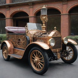 A 2000s-era car designed in an intricate steampunk style, featuring rich brass and copper accents, Victorian era decorations, and external mechanical gears