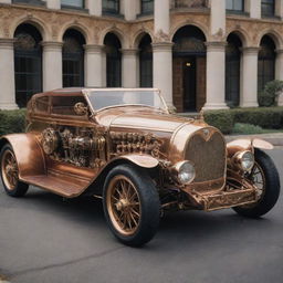 A futuristic 2100s car envisioned in a steampunk style, complete with ornate brass and copper details, Victorian-era accents, and visible mechanical gears