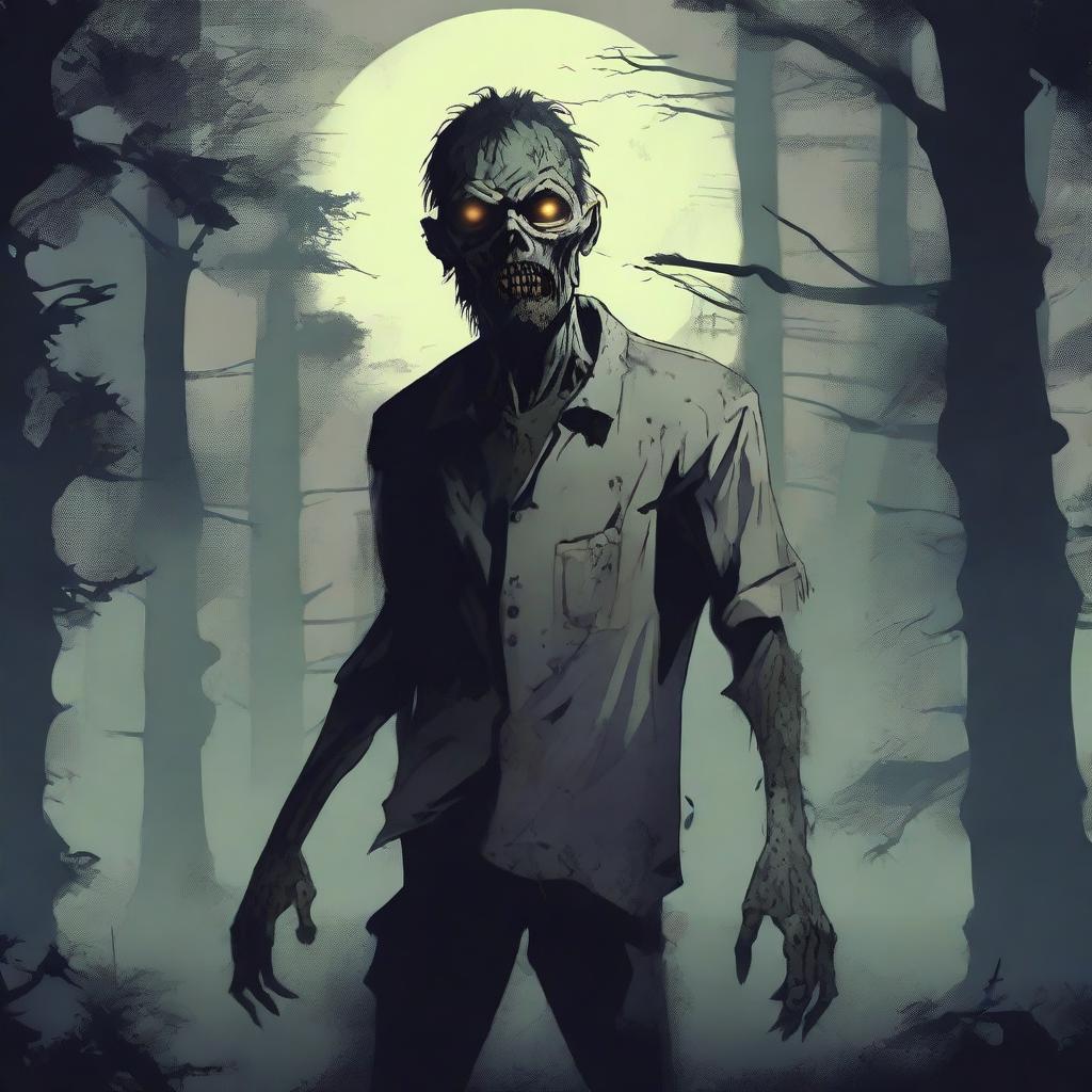 A detailed illustration of a zombie in an eerie, dark setting