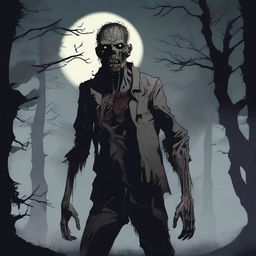 A detailed illustration of a zombie in an eerie, dark setting