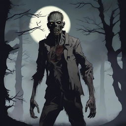 A detailed illustration of a zombie in an eerie, dark setting