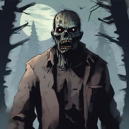 A detailed illustration of a zombie in an eerie, dark setting