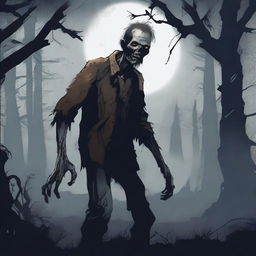 A detailed illustration of a zombie in an eerie, dark setting