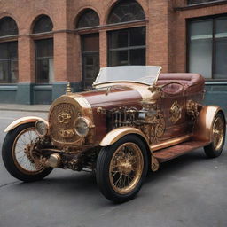 A futuristic 2100s car envisioned in a steampunk style, complete with ornate brass and copper details, Victorian-era accents, and visible mechanical gears