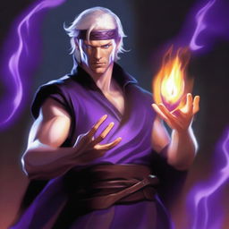 A white-skinned sorcerer wearing a brown sleeveless tunic, a black leather headband, and a black leather belt