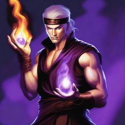 A white-skinned sorcerer wearing a brown sleeveless tunic, a black leather headband, and a black leather belt