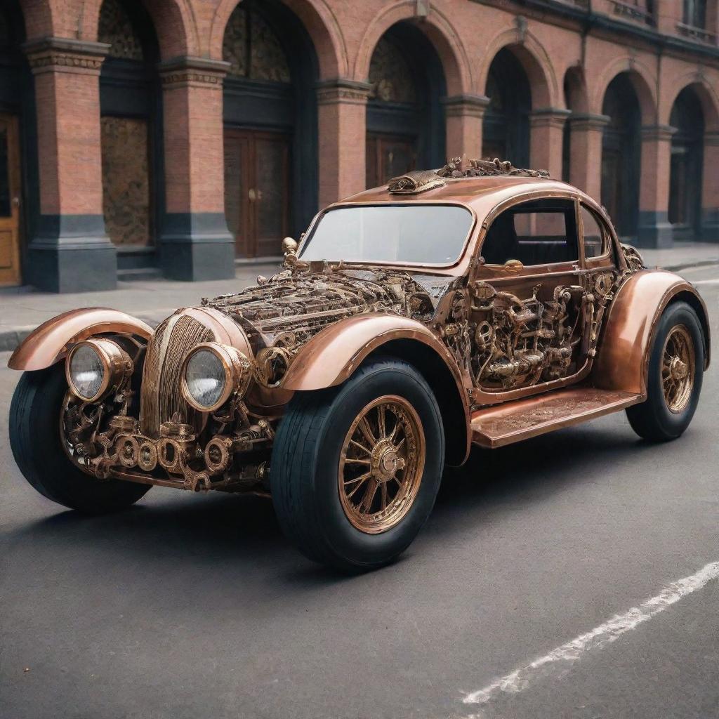 A futuristic 2100s car envisioned in a steampunk style, complete with ornate brass and copper details, Victorian-era accents, and visible mechanical gears