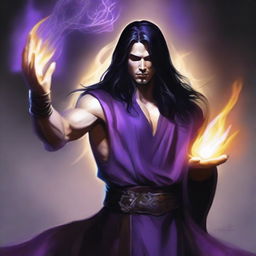 A white-skinned sorcerer with long black hair, wearing a brown sleeveless tunic, a black leather headband, and a black leather belt