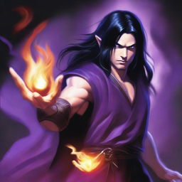 A white-skinned sorcerer with long black hair, wearing a brown sleeveless tunic, a black leather headband, and a black leather belt