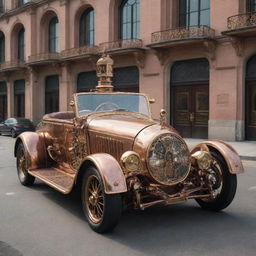 A futuristic 2100s car envisioned in a steampunk style, complete with ornate brass and copper details, Victorian-era accents, and visible mechanical gears