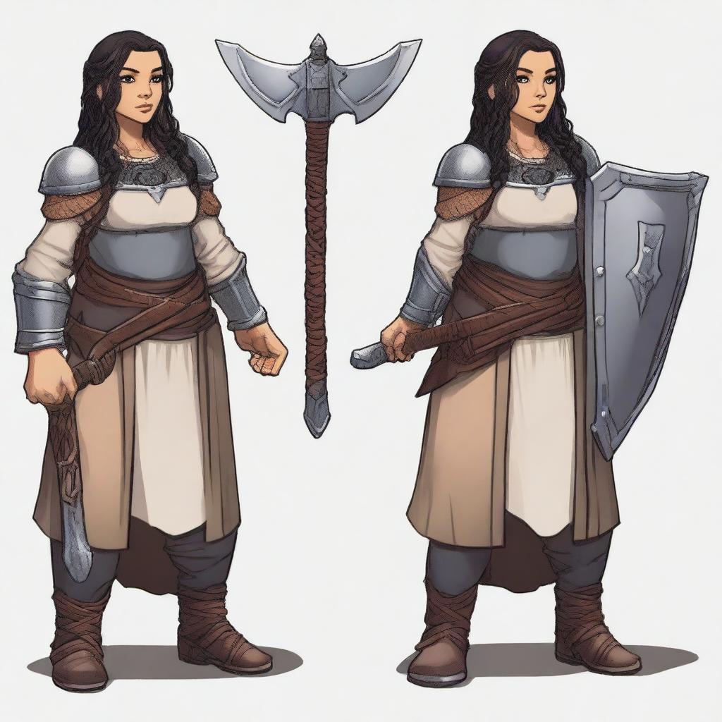 A female dwarf cleric standing at 4 feet tall and weighing 130 pounds