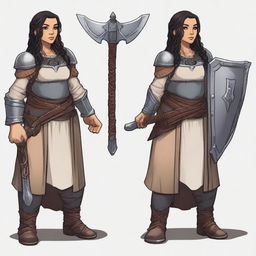 A female dwarf cleric standing at 4 feet tall and weighing 130 pounds