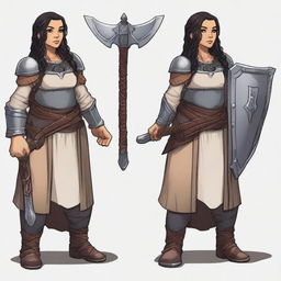 A female dwarf cleric standing at 4 feet tall and weighing 130 pounds