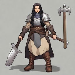 A female dwarf cleric standing at 4 feet tall and weighing 130 pounds