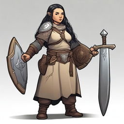 A female dwarf cleric standing at 4 feet tall and weighing 130 pounds