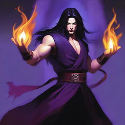 A white-skinned sorcerer with long black hair, wearing a brown sleeveless tunic, a black leather headband, and a black leather belt