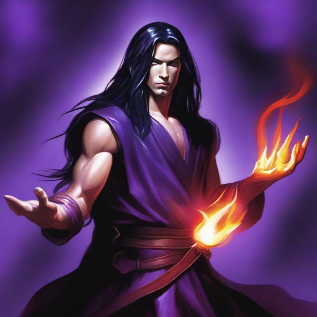 A white-skinned sorcerer with long black hair, wearing a brown sleeveless tunic, a black leather headband, and a black leather belt