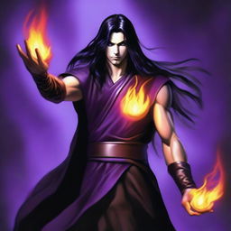 A white-skinned sorcerer with long black hair, wearing a brown sleeveless tunic, a black leather headband, and a black leather belt