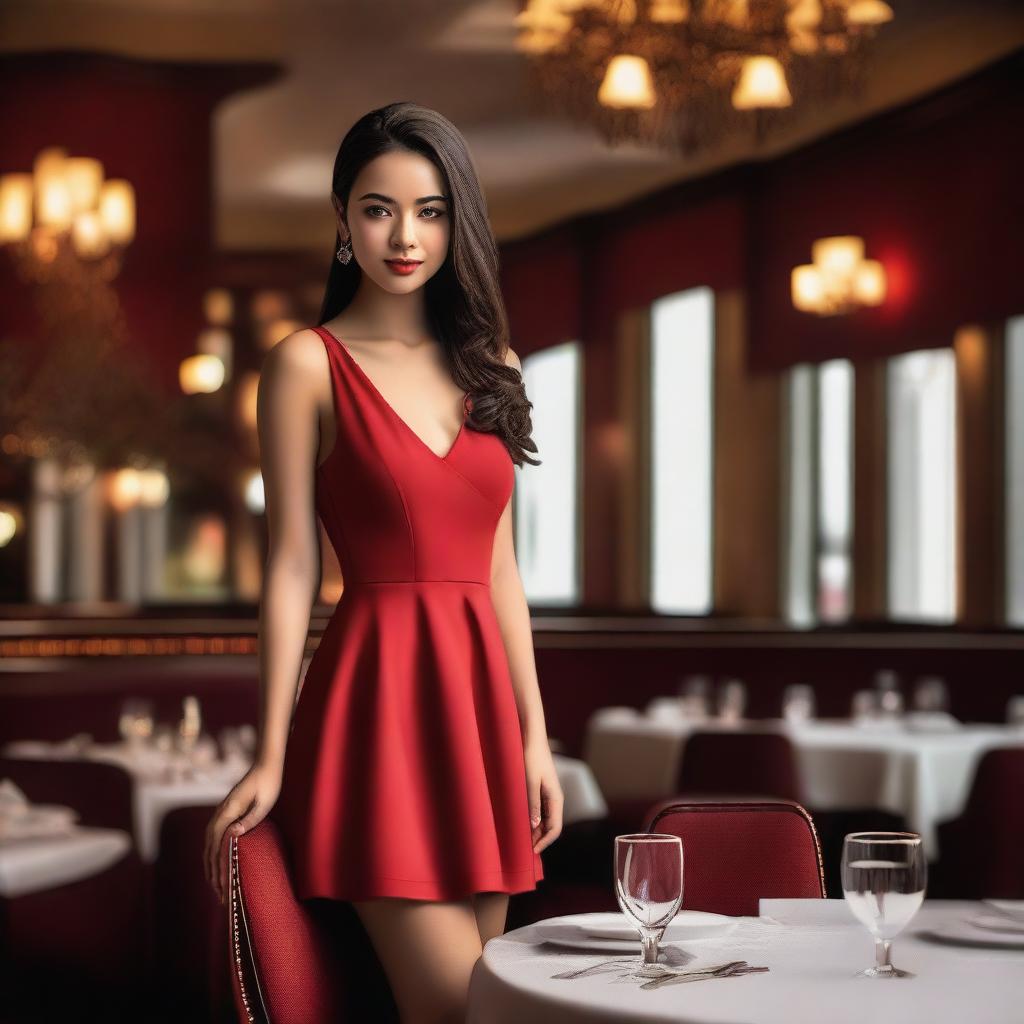 A captivating image of a girl wearing a short red dress in a restaurant setting